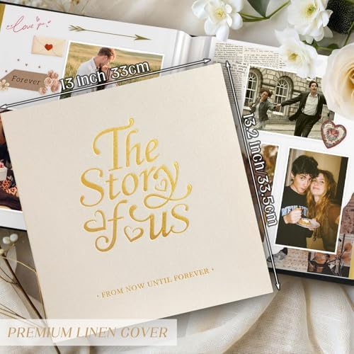 Lanpn Couples Scrapbook Photo Album - The Story of Us, Linen Wedding Anniversary Self Adheisve Picture Book holds 4x6 5x7 A5 Photo for Love Newlywed Valentine's Day (Large 40 Sheets/80 Pages, Beige)