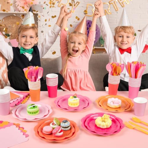 350 Pcs Pink and Orange Party Plates and Napkins - Hot Pink Orange Party Decoration Tableware set Include Sunset Tropical Scalloped Plate Napkin Cup & Cutlery for Baby Shower, Wedding, Birthday