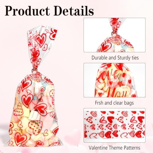 Valentine Treat Bags, 200 Pcs Valentines Cellophane Bags, Plastic Clear Red Valentine Candy Cookie Gift Goodie Snack Bag with 100 Pcs Twist Ties for Valentines Wedding Party Favor Supplies, 5 Styles