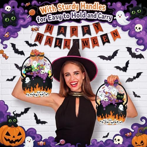 Fuutreo 25 Pcs Halloween Treat Bags with Handles, Purple Cauldron Plastic