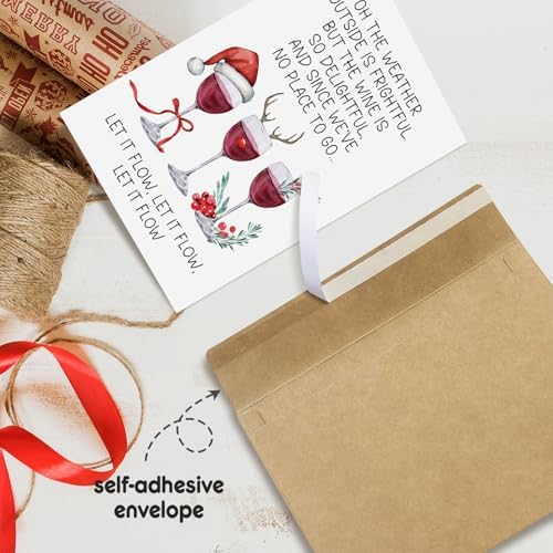 Funny Wine Christmas Card for Women Men, Humorous Christmas Card for Wine Lover, Merry Xmas Cards Gift for Friends Family, Let It Flow