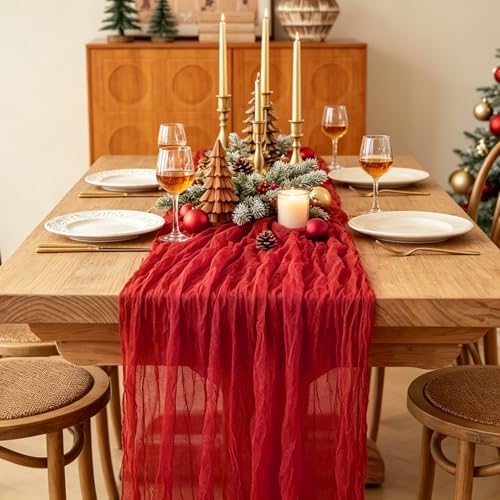 3Pcs Red Table Runner, 10FT Rustic Gauze Red Table Runner 35*120inch Boho Table Runners for Wedding Bridal Shower Birthday Baby Shower Table Centerpiece Decorations