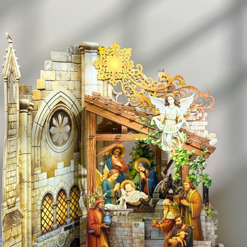 Pop up Christmas Cards Nativity, Holy Night Nativity, 3D Elegant Religious Card with Envelope for Holiday, Manger Scene, Angel, Jesus Christ, Holy Family,Handcrafted Decoration, Merry Christmas Gift