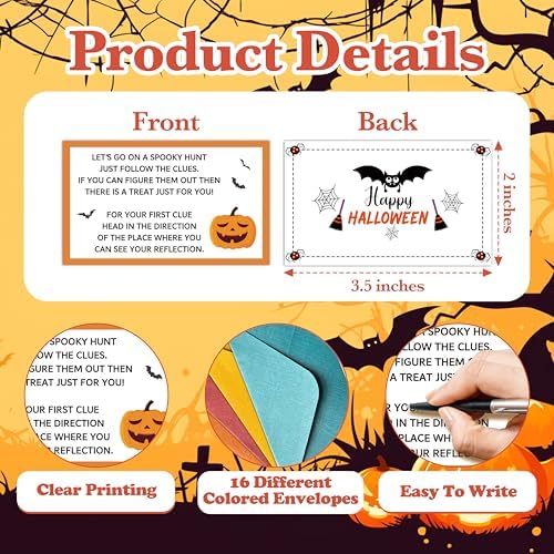 Halloween Scavenger Hunt Clue Cards, Magical Scavenger Hunt Games for Adults, Halloween Fall Pumkin Holiday Birthday Party Supplies Activities Outdoor Indoor(16 Clues Cards with Envelopes), 11