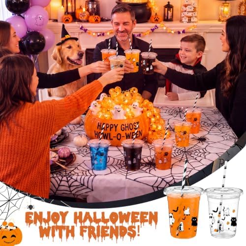FillTouch 50 Pcs Halloween Cat Ghost Cups 16 oz with Lids Straws