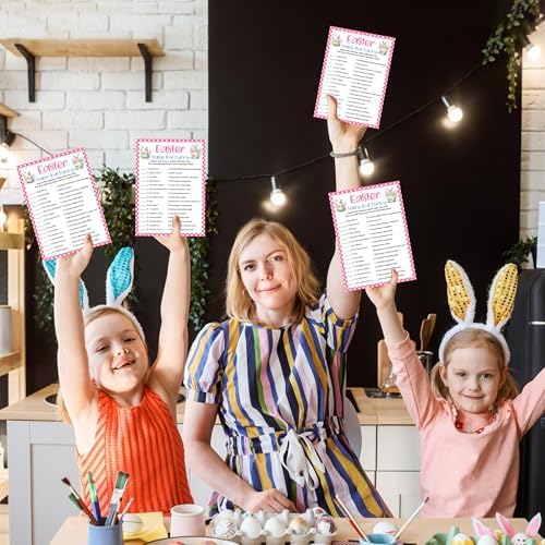 Easter Games for Adults and Kids, Easter Bunny Clues Game Cards, Cute Family Feud Trivia Game for Family Friends, Holiday Party Games for Activities Party Decorations Supplies, 5x7 Inch-A04