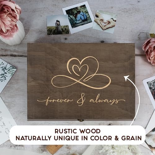 Rustic Wooden Memory Box – Medium Keepsake Storage Box with Double-Sided Engraving – “Forever & Always” Outside & “Every Love Story…” Inside – Personalized Gift for Couples, Wedding, Anniversary