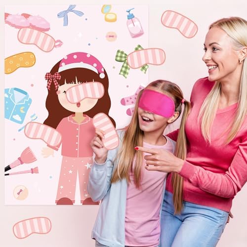 Hooqict Sleepover Slumber Party Games Pin The Blindfold on The Girl for Kids Girls Night Birthday Party Decorations Supplies, Large Pin Tail Games Poster with 27 Stickers