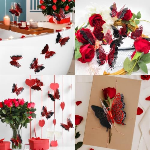 Halloween 3D Butterfly Wall Decor Party Rose Butterfly Sticker Decoration 3.85x4.6 inche Red Black Double Deck Removable Sticker for Birthday Party Backdrop Wedding Photo Booth Decor-6pcs