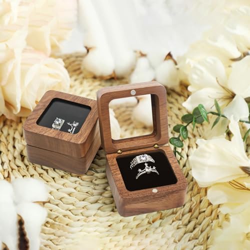 Jomelly Wooden Ring Box for Wedding Ceremony 2 Slots,Window Black