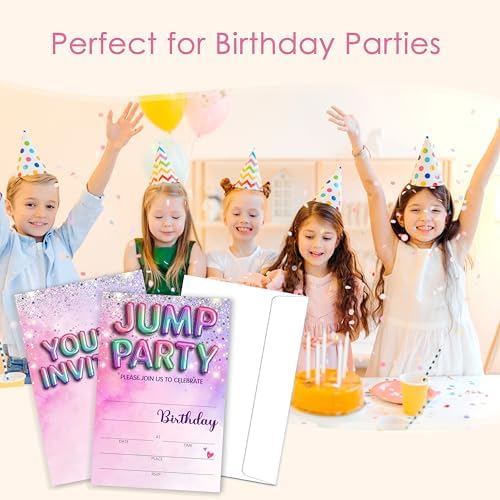 Jump Birthday Invitation Girl, Silver Glitter Rainbow Double-Sided Fill In Style Invites with Envelopes for Birthday, Trampoline Jump Party Invitation For Girls, Teens, Bday Party Favor & Decoration