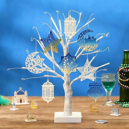 36PCS Wooden Ramadan Decorations Eid Islam Mubarak Ornaments Mubarak Hanging Hollow Pendant to Paint, DIY Blank Unfinished Wood Moon Cutouts Crafts Hanging Al Adha Star Lantern for Muslim Festive