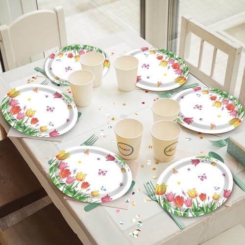Qyeahkj 50 Pcs Spring Tulip Oval Paper Plates Large 11” Disposable Tulip Flower Party Decorations Floral Supplies Favor for Easter Picnic Spring Summer Birthday Butterflies Party Tableware Set