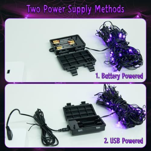Halloween Decorations Spider Web Lights 6FT 60LED Battery Operated/USB Powered with Black Spider with Timer 8 Modes Indoor Outdoor for Halloween Decor, Purple