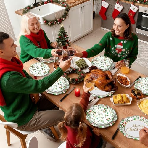 24 Pcs Merry Christmas Paper Plates Set - Disposable Round Christmas Plates, Holly Leaf Red Berry Dinner Dessert Plate Paper Dinnerware Kit for Winter Xmas Party Table Decorations Supplies Favors
