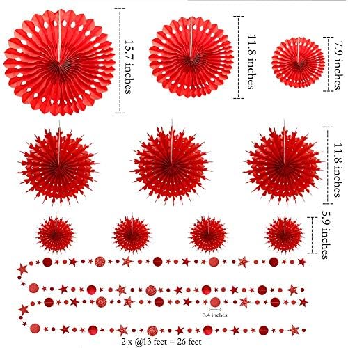 Decor365 Red Party Decorations Chinese New Year Tissue Pompom Paper Fan Hanging Decor Birthday Party Garland Glitter Circle Dots Garland Steamer Banner Backdrop for Girls Wedding Valentines Day