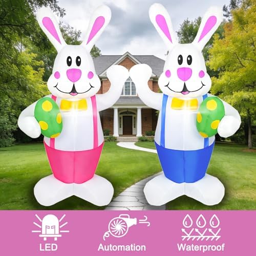 Set of 2PCS, 6.2FT H Lovely Spring Inflatable Bunnies Holding Easter Egg, Easter Bunny Blow up Yard Decorations Giant Bunny for Holiday Party Indoor Outdoor Decorations