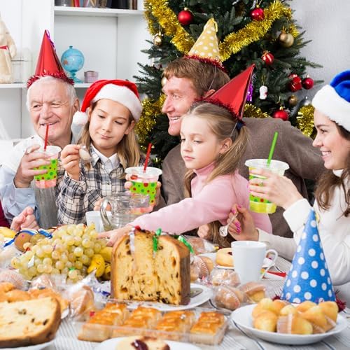Whaline 50 Pack Green Christmas Plastic Cups with Lids Straws Red Green Polka Dot Clear Plastic Cups 12oz Holiday Disposable Cold Beverage Drinking Cup for Xmas Winter Party Supplies