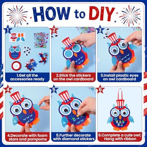 Funrous 48 Sets Crafts Kit Paper Crafts DIY Make Your Own Hanging Ornaments with Pompoms Diamond Stickers for Holiday Classroom Activities Party Favors, Patriotic Owl