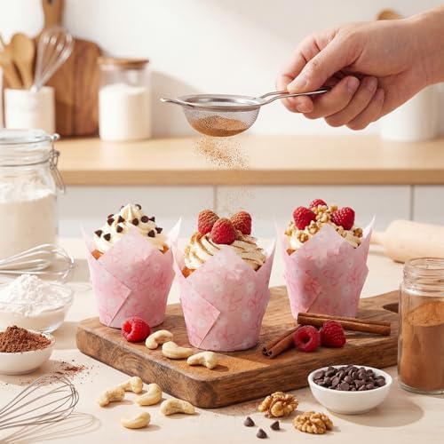 Maxdot 200 Pcs Daisy Bow Tulip Cupcake Liners for Baking Coquette Bow Daisy Paper Muffin Baking Cups Pink Floral Tulip Muffin Liners Wrappers for Wedding Bachelorette Bridal Showers Birthday Party