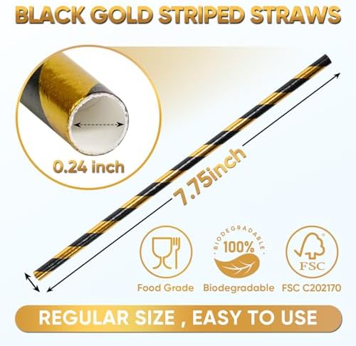 100 Black Gold Striped Paper Drinking Straws – 7.75 inch Disposable Drinking Straws for Cocktail, Halloween, Christmas, Party Supplies & Decorations
