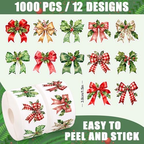 Whaline 1000 Pcs Christmas Bow Stickers Roll Xmas Holly Berry Bowknot Self-Adhesive Decals for Scrapbook Journal Envelope Holiday Decor, 12 Designs