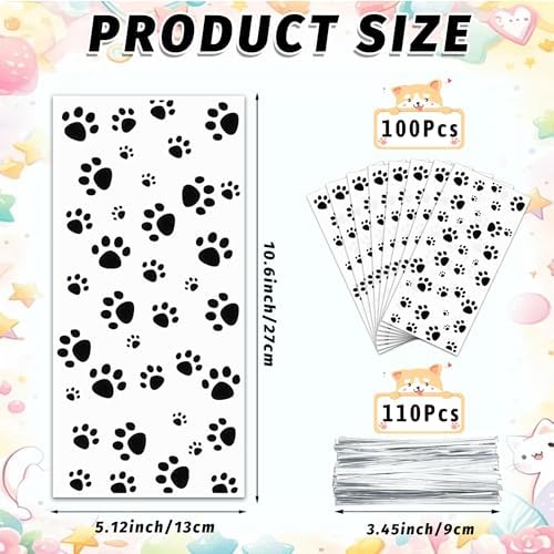 ZYLOP 100 Pcs Dog Treat Bags - 5 x 11 Inch Clear Cellophane Puppy Party Favor Bags with 110 Silver Twist Ties, Plastic Dog Paw Print Goodie Bags for Pet Birthday, Cat Treats, Candy & Cookies, Black
