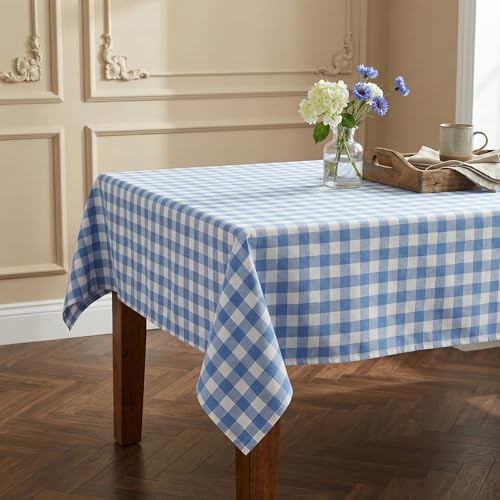 Waterproof Gingham Tablecloth, Checkered Fabric Table Cover for Kitchen Dining, Blue & White Plaid Table Cloth, Rectangle Table Cloth for Indoor Outdoor Use, W60 x L144 in