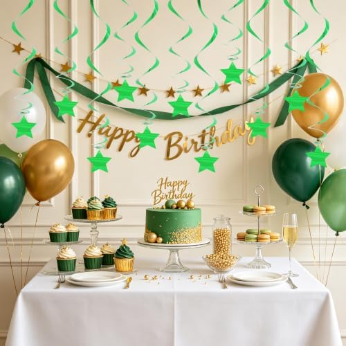 BEISHIDA Green Star Hanging Swirl Decorations,Hanging Gold Party Supplies for Graduation Wedding Baby Shower Decorations,Pack of 15