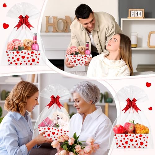 Moinchore 12 Set Mother's Day Basket for Gifts Empty 9.8x6.5'' Red Heart Market Tray Cardboard with Bows, Cellophane Bags, Twist Tiles, Empty to Fill for Valentine Birthday Bridal Wedding Party Supply