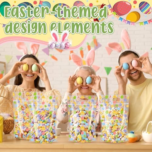 Engrowtic 50 Pcs Easter Treat Bags Reusable Easter Egg Zipper Bags Plastic Goodie Gift Bag Holiday Bag with Handles for Spring Party Favor Wrapping Supplies