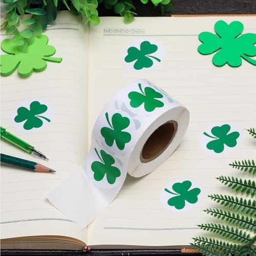 500Pcs St. Patrick's Day Stickers 1in Shamrock Stickers Roll Green Self-Adhesive Waterproof Clover Sticker Decor for Irish Holiday Party Scrapbook Journal Envelopes Decals Decorations