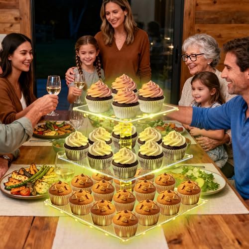 YestBuy 3 Tier Cupcake Stand with Yellow LED String Light for 24 Cupcakes
