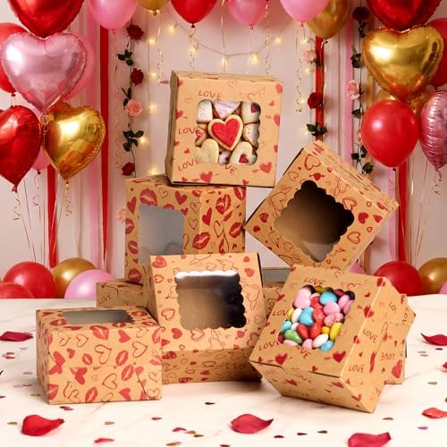 LemonRoad 48 Pcs Heart Kraft Cookie Boxes with Window 4x4x2.5 Inches Love Treat Boxes Containers for Trick or Treaters Candy Pastries Doughnut Brownies Truffles Gift Wrap Wedding Party Supplies