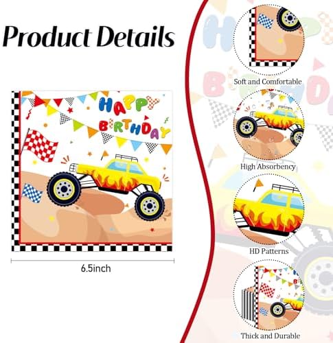 50 Pcs Monster Truck Paper Napkins 6.5 x 6.5 Inches, Racing Car Theme Disposable Luncheon Dinner Party Napkins Cocktail Napkin for Monster Truck Birthday Party Decorations (Truck)