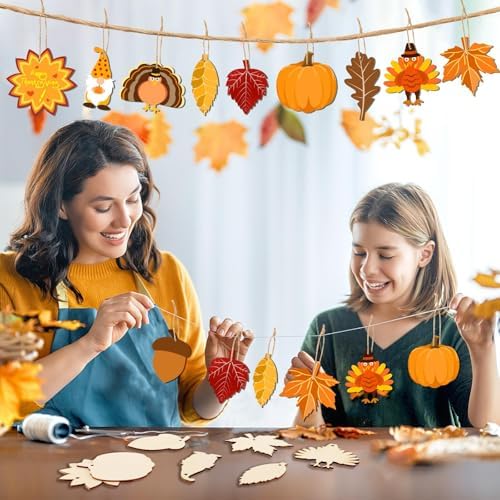 DECYOOL 50 Pcs Thanksgiving Fall Wooden Ornaments Autumn Wood Slices
