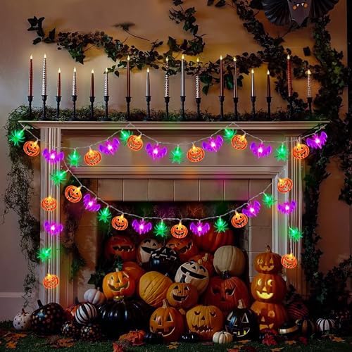 2 Pack Halloween Lights Outdoor Indoor Decorations Total 40FT 60 LED Pumpkin Bat Spider Halloween String Lights Battery Operated, 8 Modes Waterproof Cute Fairy Lights for Home Office Outside Decor