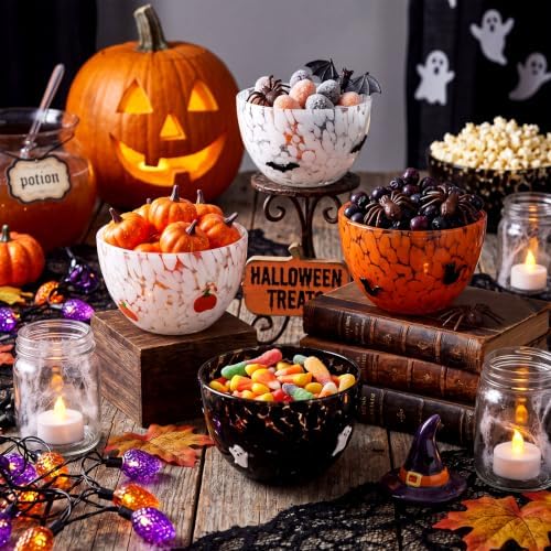 FoldTier 4 Pcs Halloween Snack Bowl, 14oz Pumpkin, Ghost, Bat, Cat Candy Dessert Bowls Double Old Fashioned Serving Bowls Gifts for Halloween Party Favors Table Decoration Supplies