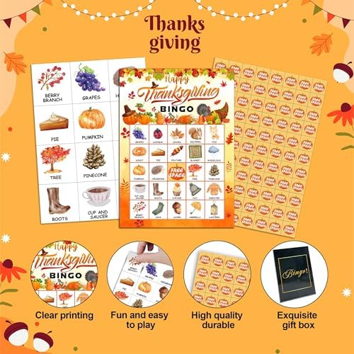 Happy Thanksgiving Party Bingo Game Cards, Fall Bingo Set for Adults Large Group, Fall Holiday Fun Party Games, Harvest Activities Icebreaker Games, Thanksgiving Gifts for Family Friends, 01