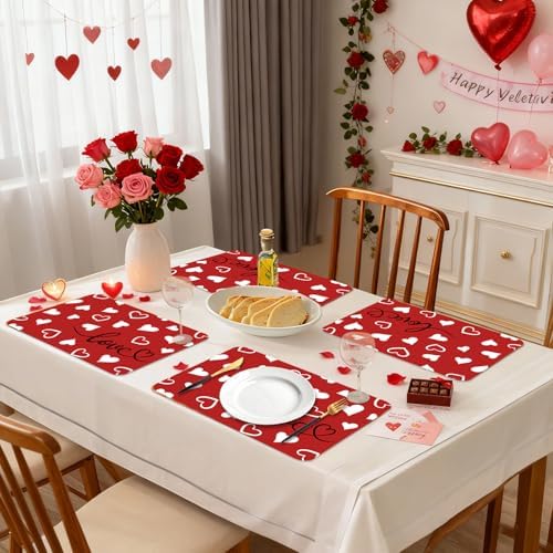 6 Set Valentine's Day Placemats, 11x16 Inch Red White Heart Love Plastic Placemats Valentine's Day Spring Holiday Table Mats for Wedding Party Festival Decor