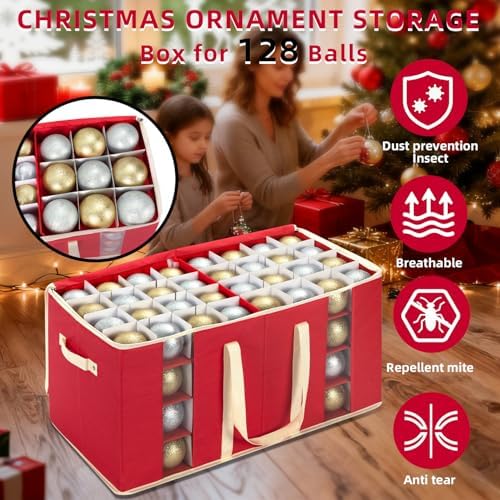 DIMESHY Christmas Ornament Storage Box Holds 128 Holiday Decorations,RED