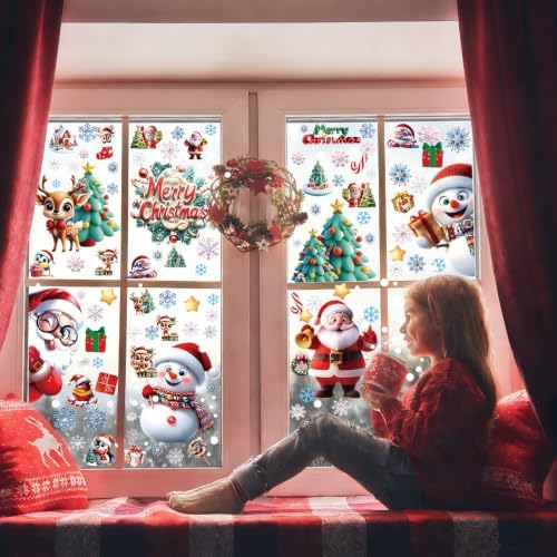 Famoby 10 Sheets 300Pcs Christmas Window Clings Decals Static Window Stickers for Christmas Snowflake Winter Holiday Home Indoor Decorations Windows Décor Christmas Decal Stickers Glass Door Decor