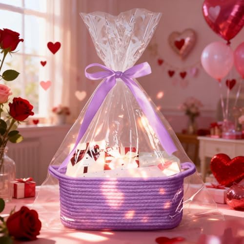 Poschnor Baby Gift Basket with Gift Bags and Ribbons, Empty Cotton Basket, Toy Storage for Baby and Pet, 12X 8 X 5 inch, Purple.