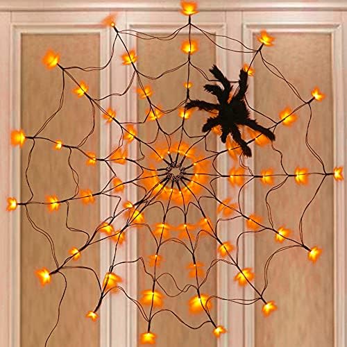FUNPENY Halloween 80 LED Orange Spider Web Lights with Spider, Battery Powered 8 Modes Light up Cobweb Halloween Decorations for Indoor Ourdoor Garden Yard Home Patio (Orange)