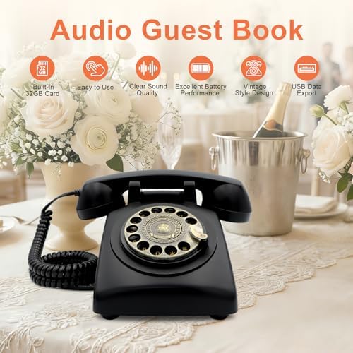 Audio Guest Book Wedding Phone, Customized Audio Messages, Retro Rotary Audio Guestbook for Wedding, Baby Shower, Birthday Party, Anniversary, Graduation (Matte Black)