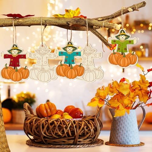 Wooden Fall Ornaments to Paint Halloween Thanksgiving Decoration Cutouts Unfinished 24PCS, DIY Blank Unfinished Maple Leaf Wood Discs Ornament for Home Harvest Crafts Hanging Autumn Decorations