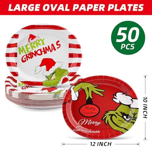 50Pcs Christmas Oval Paper Plates -10" x 12" Large Disposable Heavy Duty Party Plates for Christmas Party Supplies