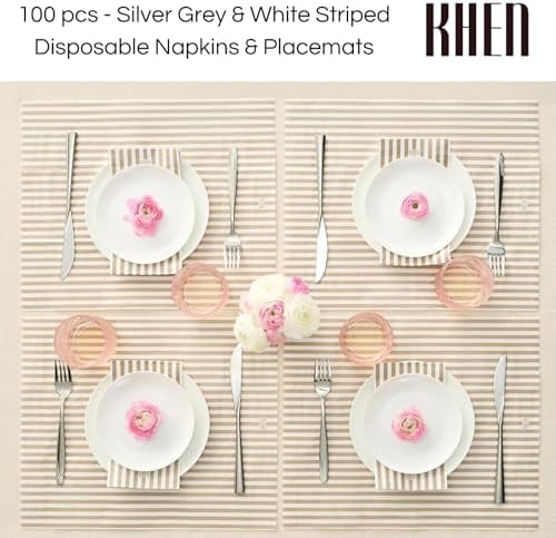 Khen 100-Count Luxury Disposable Napkins, European Stripes Design – 2-Ply Tableware, Linen-Feel Paper Guest Towels Elegant Soft & Absorbent Hand Towel, Party Napkin Placemats, 15.75"x13" - Silver Grey