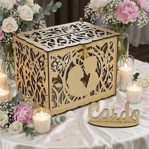 Jolik Wedding Card Box with Sign – Large Rustic Wedding Money Box Holder, DIY Envelop Gift Card Shadow Boxes for Wedding Reception, Anniversary, Graduation, and Birthday Parties (Yellow)