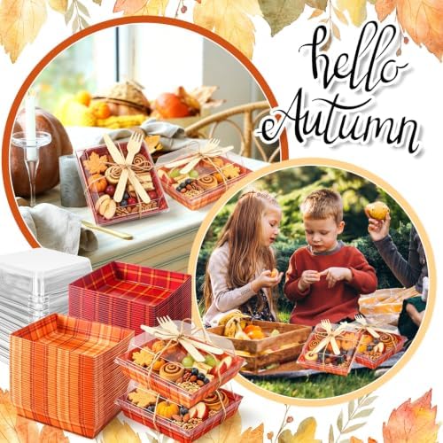 Whaline 100 Set Fall Small Charcuterie Boxes with Clear Lids Forks Knives Buffalo Plaid Mini Dessert Box Disposable Food Container for Autumn Harvest Thanksgiving Wedding Birthday Party Supplies